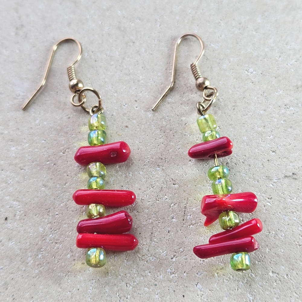 Handmade Red Branch Coral and Green Glass Bead Dangle Earrings Gold Tone Hooks